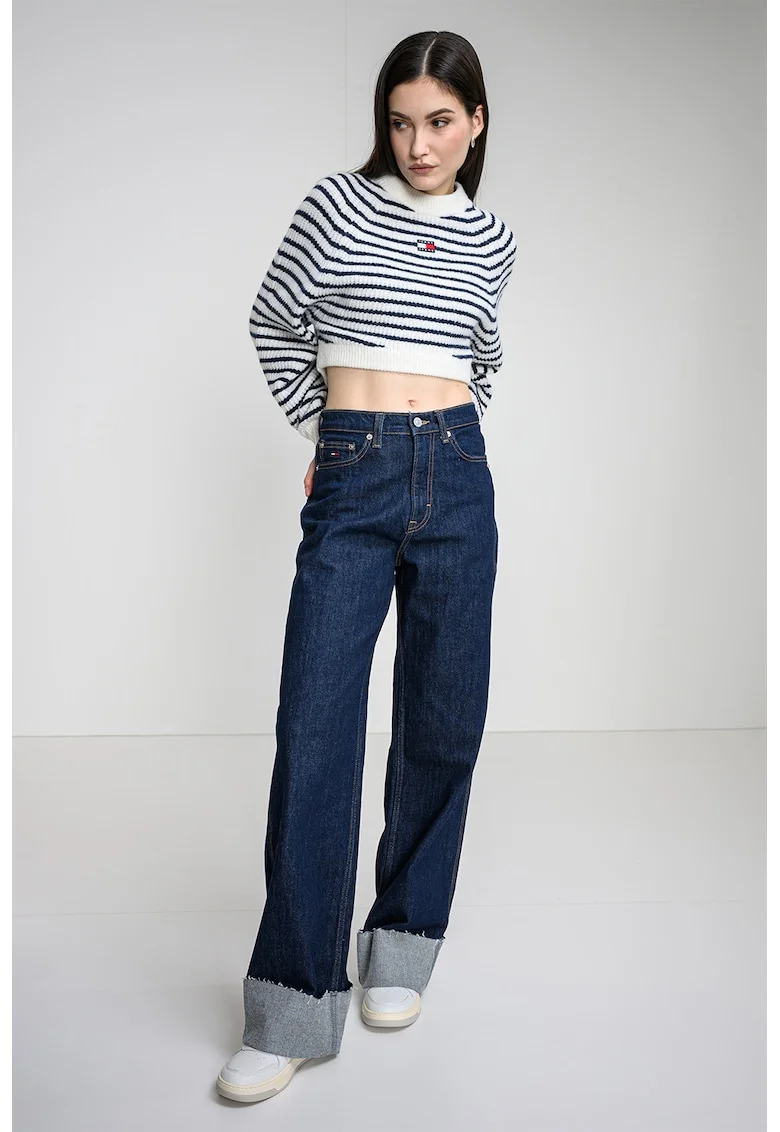 Pulover crop cu detaliu logo, Alb/Bleumarin