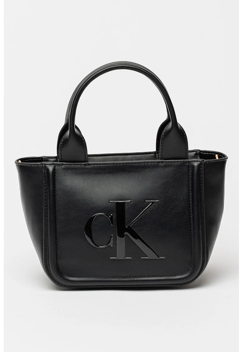 Geanta tote din piele cu model monograma in relief, Negru