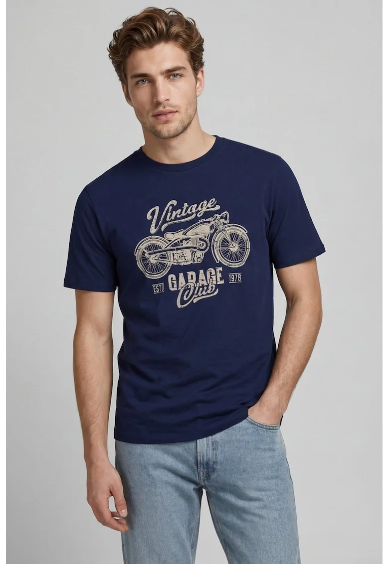 Tricou cu decolteu la baza gatului si imprimeu frontal, Bleumarin