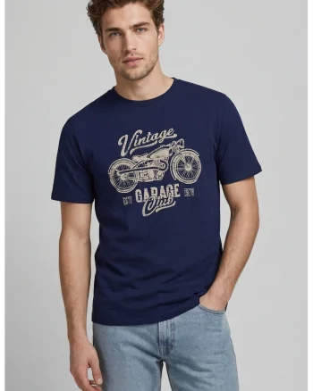 Tricou cu decolteu la baza gatului si imprimeu frontal, Bleumarin