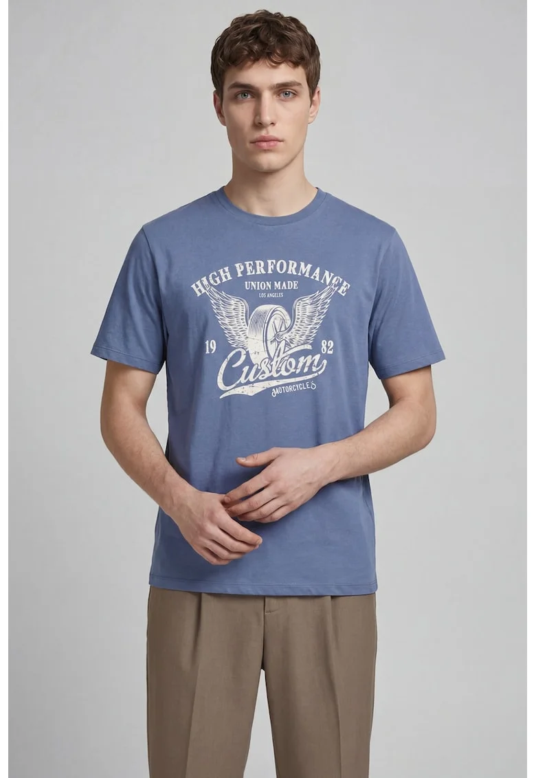 Tricou cu decolteu la baza gatului si imprimeu frontal, Albastru pastel