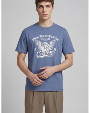 Tricou cu decolteu la baza gatului si imprimeu frontal, Albastru pastel