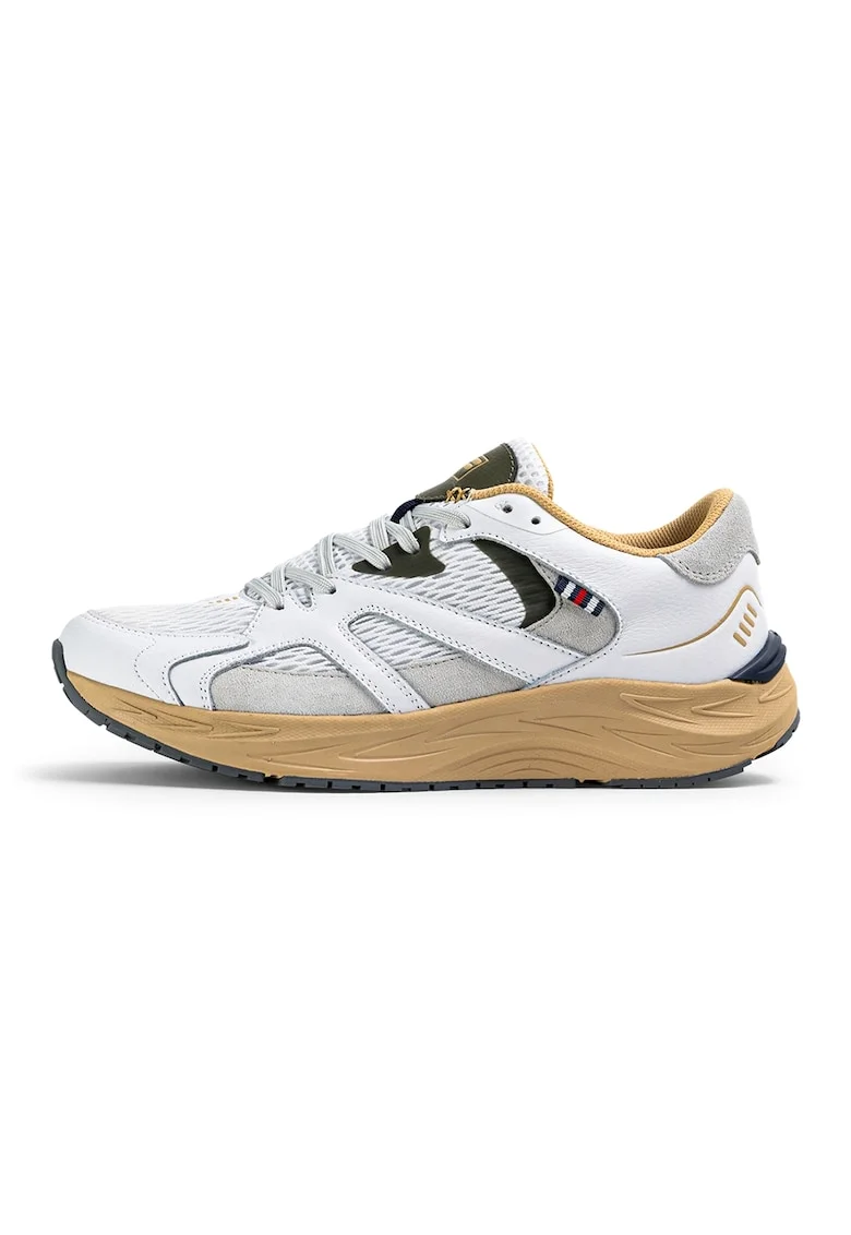 Pantofi sport de piele cu garnituri din material textil Neon, Alb/Portocaliu/Kaki inchis