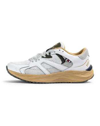 Pantofi sport de piele cu garnituri din material textil Neon, Alb/Portocaliu/Kaki inchis