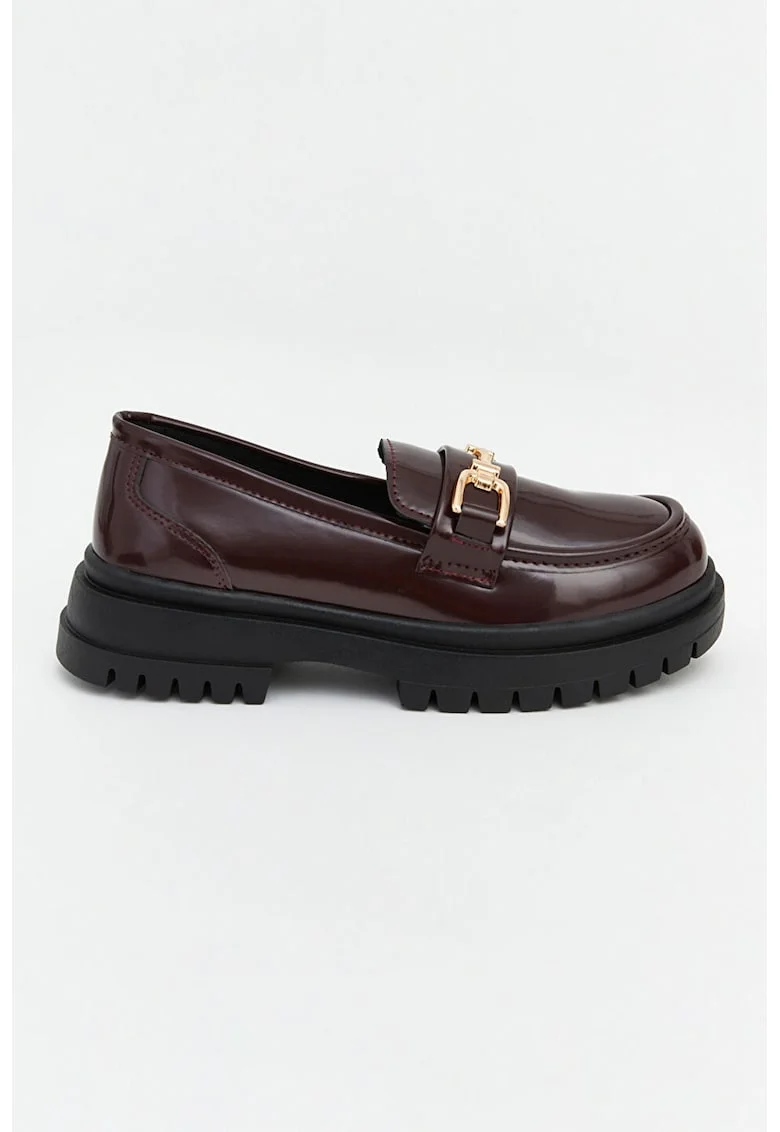 Pantofi loafer din piele ecologica cu aplicatie metalica, Visiniu inchis