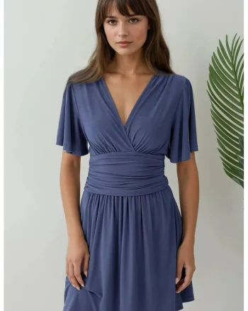Rochie mini,  maneca scurta, decolteu in V, jerseu, Albastru, Albastru inchis