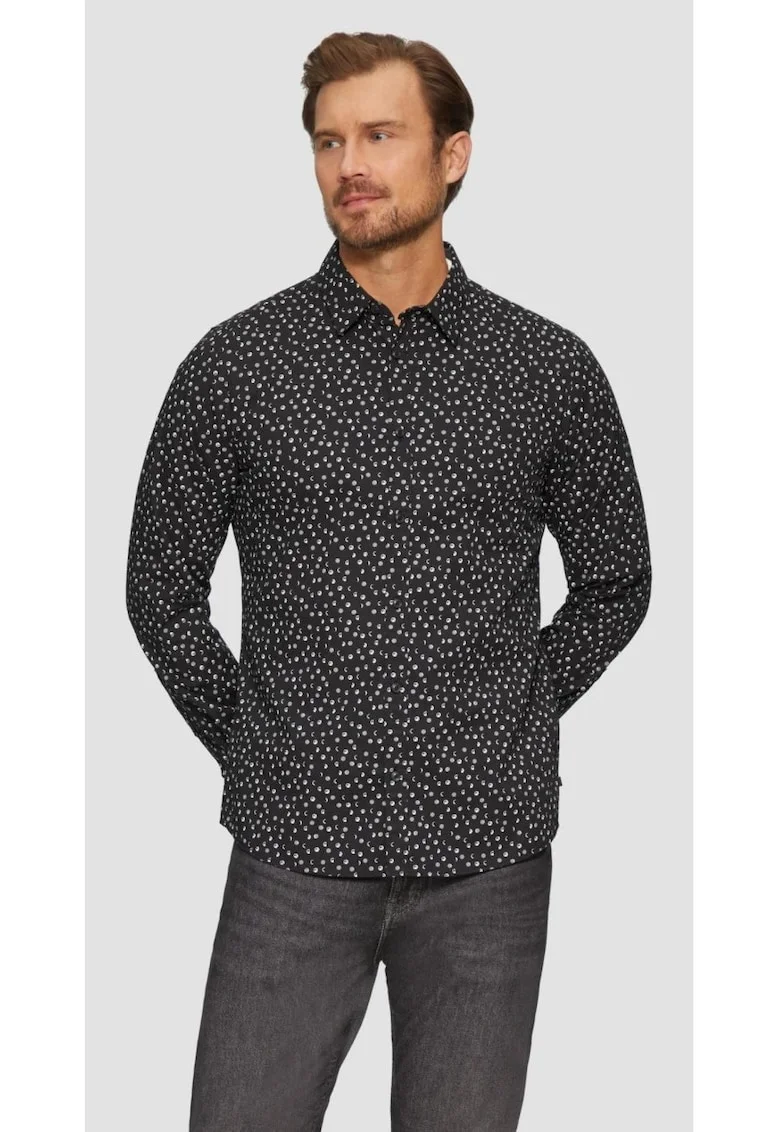 Camasa barbati cu maneca lunga, croiala Slim fit si imprimeu cu fazele luni, Negru, Negru