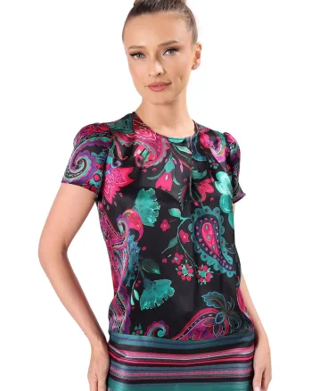 Bluza eleganta din matase naturala imprimata cu motive paisley BYX-C5X, Turcoaz,