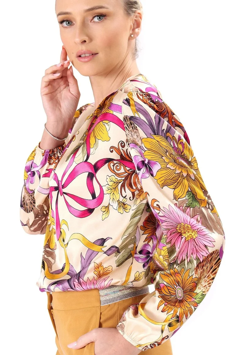 Bluza eleganta din viscoza satinata imprimata cu motive florale BYX-B3W, Bej,