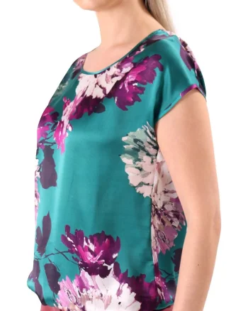 Bluza lejera din matase naturala imprimata cu motive florale BJV-C47, Verde,