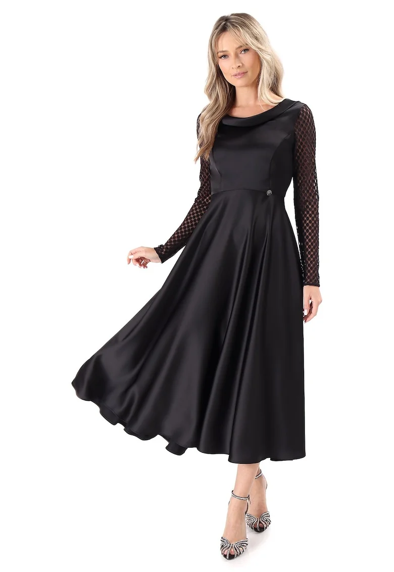 Rochie midi satinata cu maneci lungi din dantela RV6-4EN, Negru,