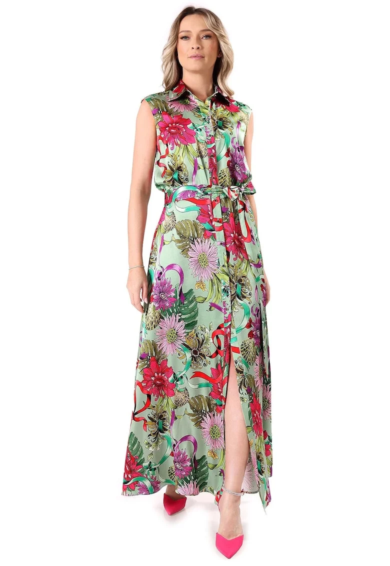 Rochie lunga din viscoza satinata imprimata cu motive florale RFC-B3E, Verde,