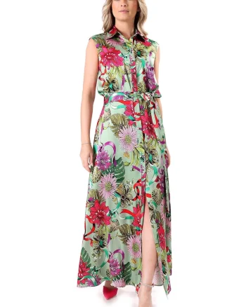 Rochie lunga din viscoza satinata imprimata cu motive florale RFC-B3E, Verde,