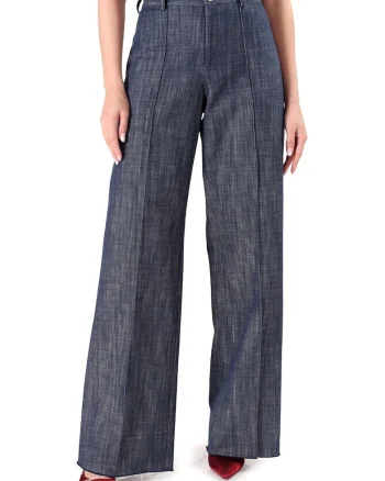 Pantaloni largi din bumbac tip denim alb-ecru PDC-CA, Bleumarin