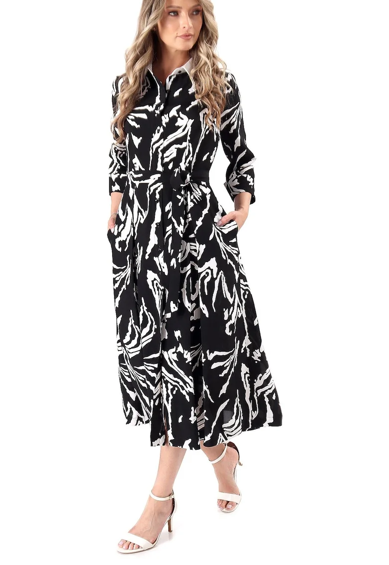 Rochie midi tip camasa din viscoza cu guler, Negru,