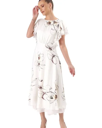 Rochie midi eleganta din viscoza satinata imprimata cu motive florale R5G-LKW, Alb fildes,