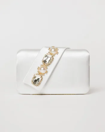 Clutch alb elegant din satin cu aplicatii de perle si cristale