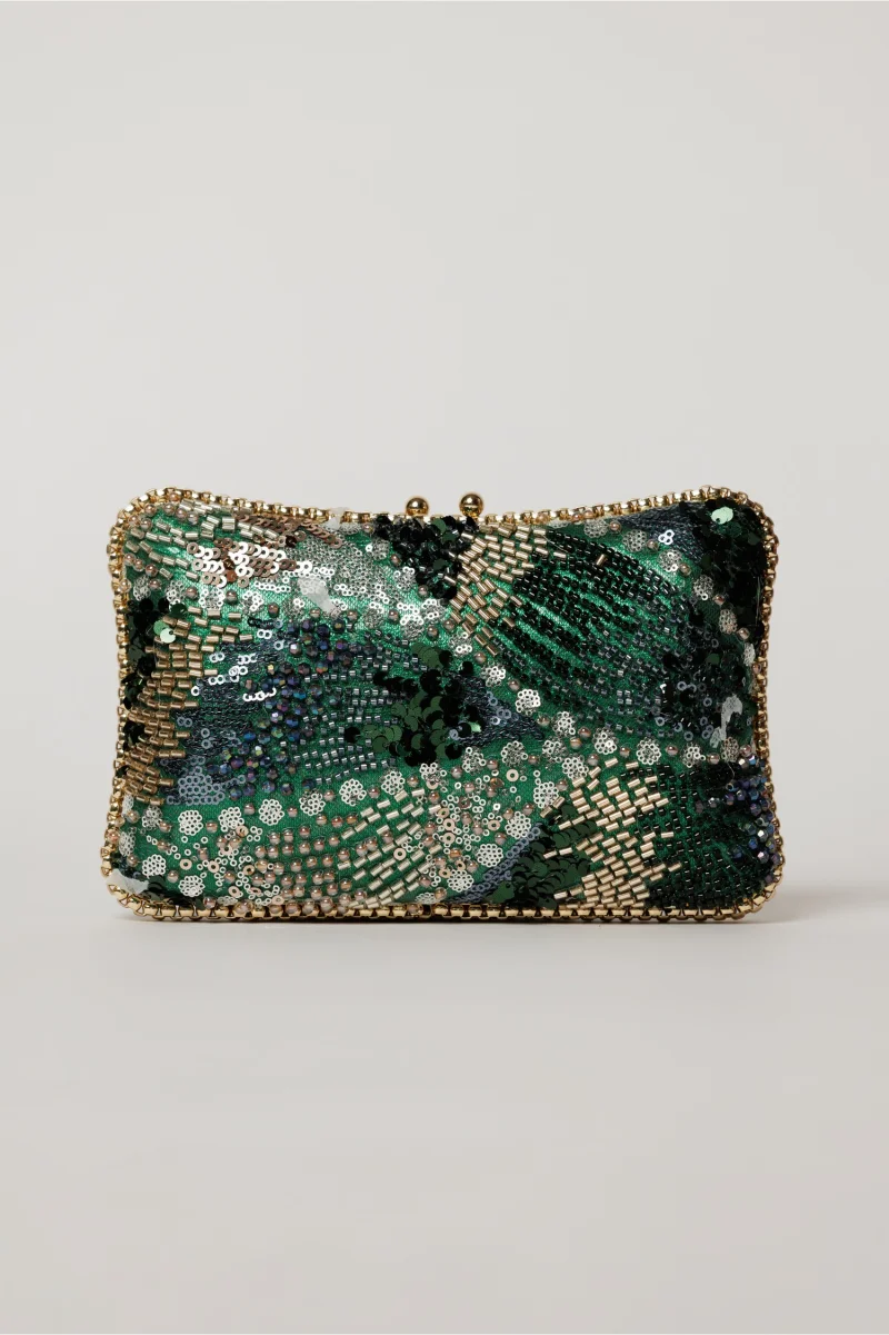 Clutch verde de ocazie cu margele si paiete