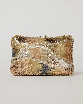 Clutch auriu de ocazie cu margele si paiete