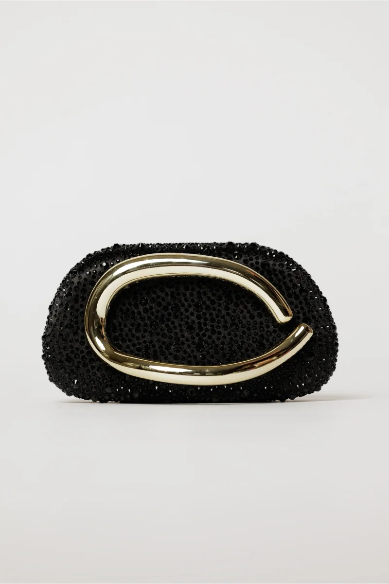 Clutch negru cu design modern stralucitor si maner metalic