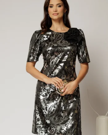 Rochie scurta neagra cu croi drept si imprimeuri argintii