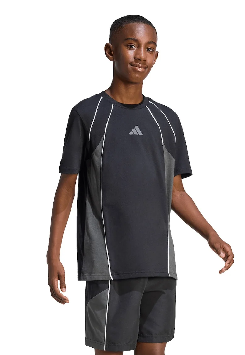 Tricou cu decolteu la baza gatului si maneci raglan, Negru/Gri inchis