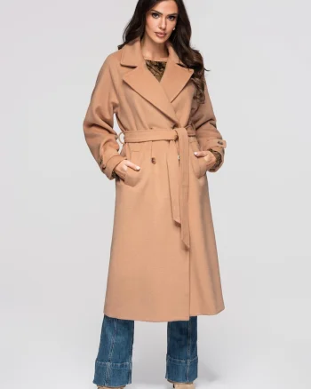 Palton lung din amestec de lana  OW-COLC-0111, Maro camel