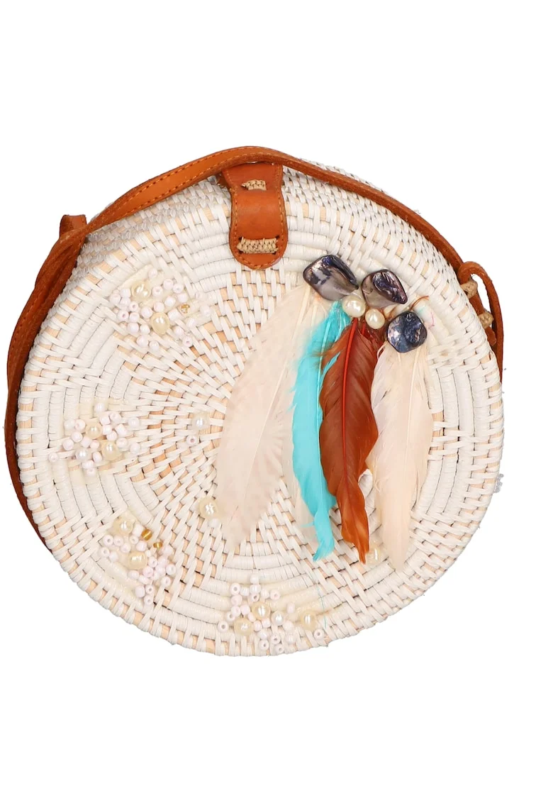 Geanta crossbody din paie, Alb/Turcoaz