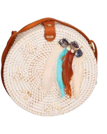 Geanta crossbody din paie, Alb/Turcoaz