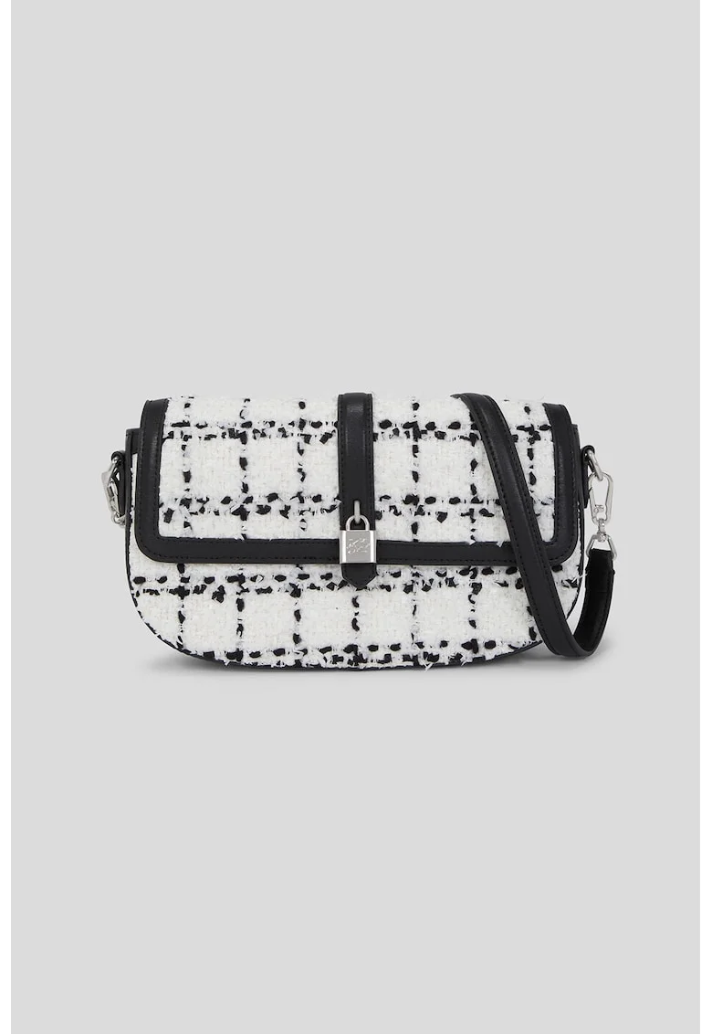 Geanta crossbody din amestec de lana cu imprimeu, Alb/Negru
