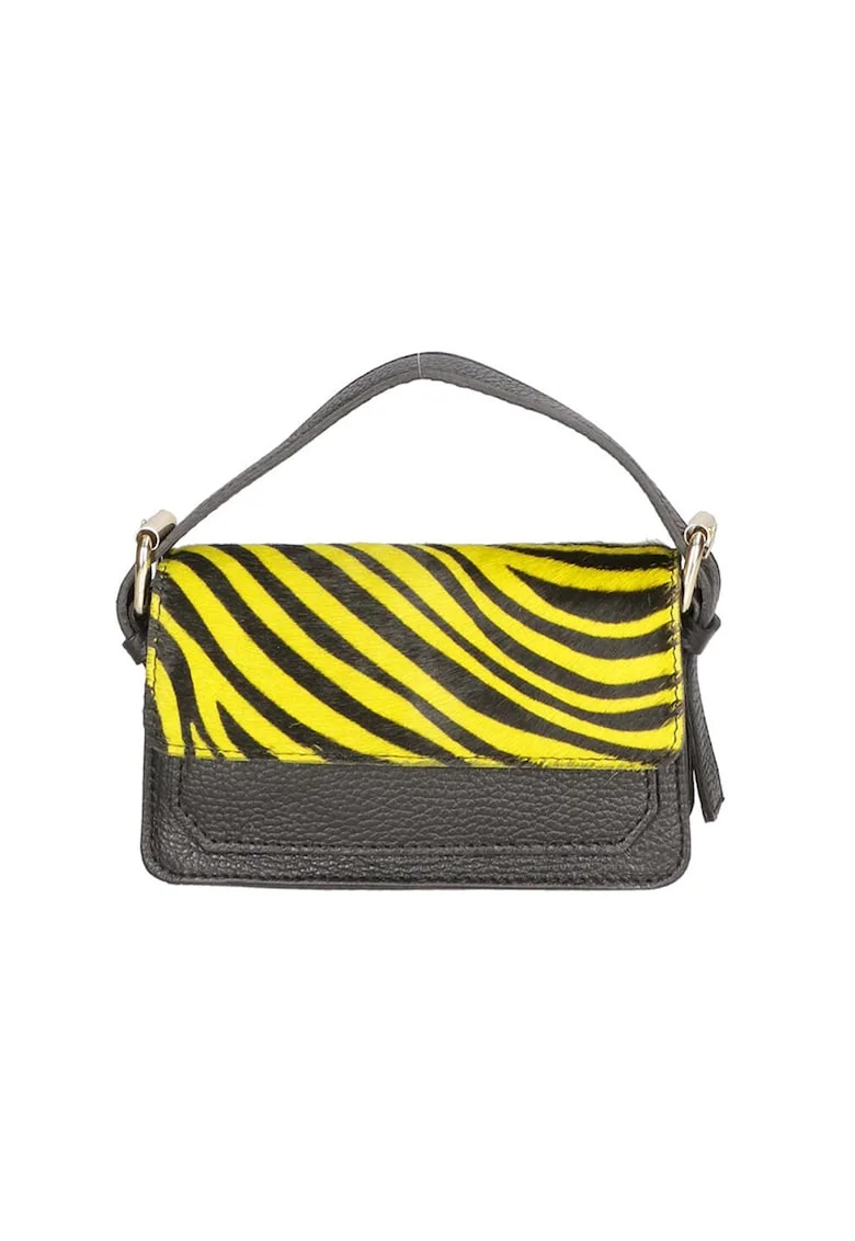 Geanta crossbody din piele cu segment din piele cu par scurt, Negru, Galben