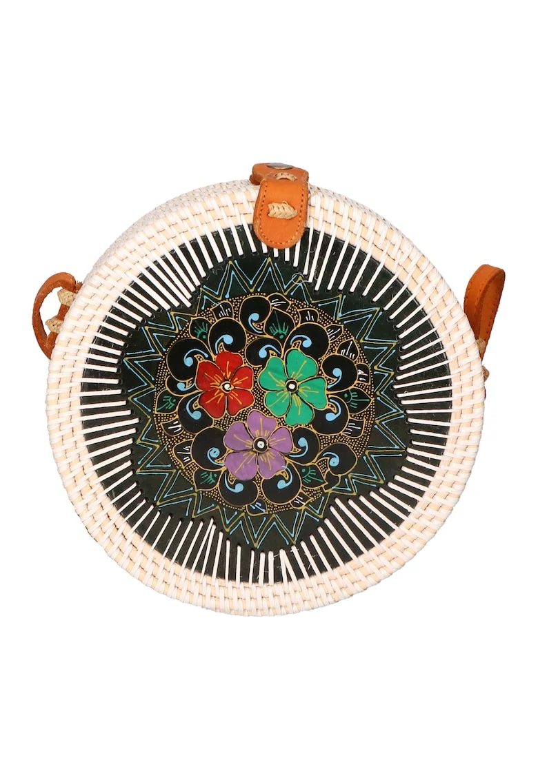 Geanta crossbody din paie, Alb fildes/Negru/Verde aquamarin