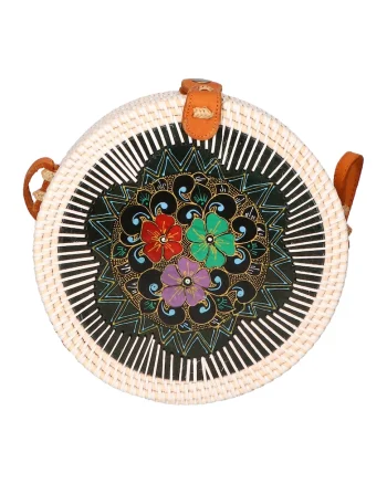 Geanta crossbody din paie, Alb fildes/Negru/Verde aquamarin