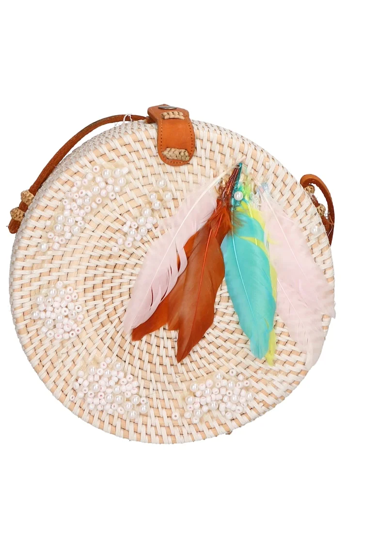 Geanta crossbody din paie, Alb fildes/Turcoaz/Roz pal