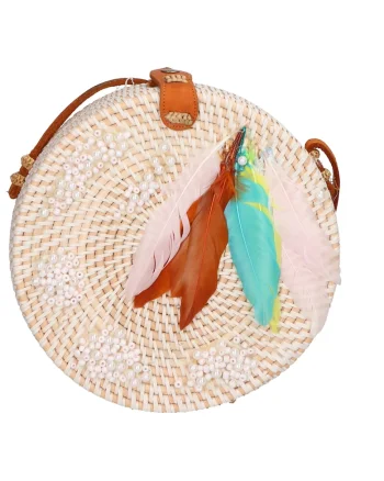 Geanta crossbody din paie, Alb fildes/Turcoaz/Roz pal
