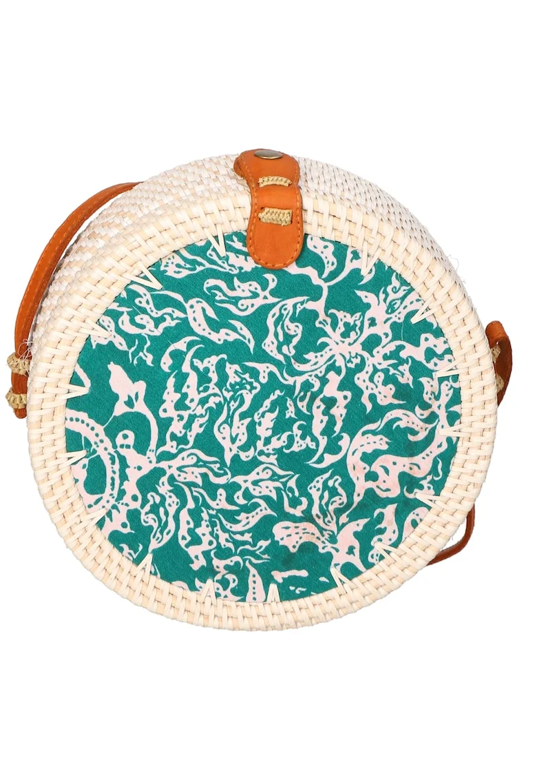 Geanta crossbody din paie, Alb fildes/Verde persan