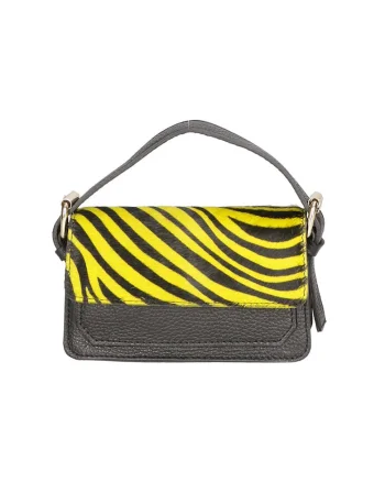 Geanta crossbody de piele si piele cu par scurt, Negru, Galben