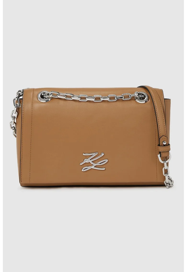 Geanta crossbody din piele cu logo, Maro scortisoara