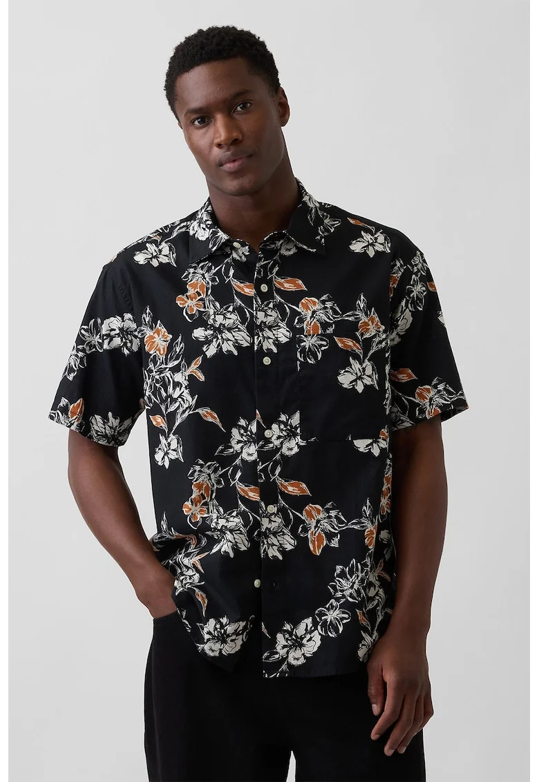 Camasa cu design floral si nasturi, Negru/Portocaliu stins