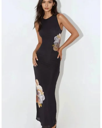 Rochie maxi,  bodycon, imprimeu floral, negru, tul