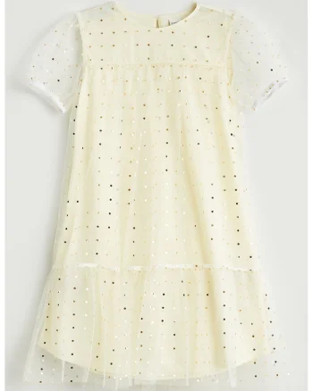Rochie dreapta cu buline, Alb/Galben pal