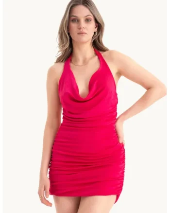 Rochie mini bodycon,  decolteu adanc, volane, rosie, jerseu