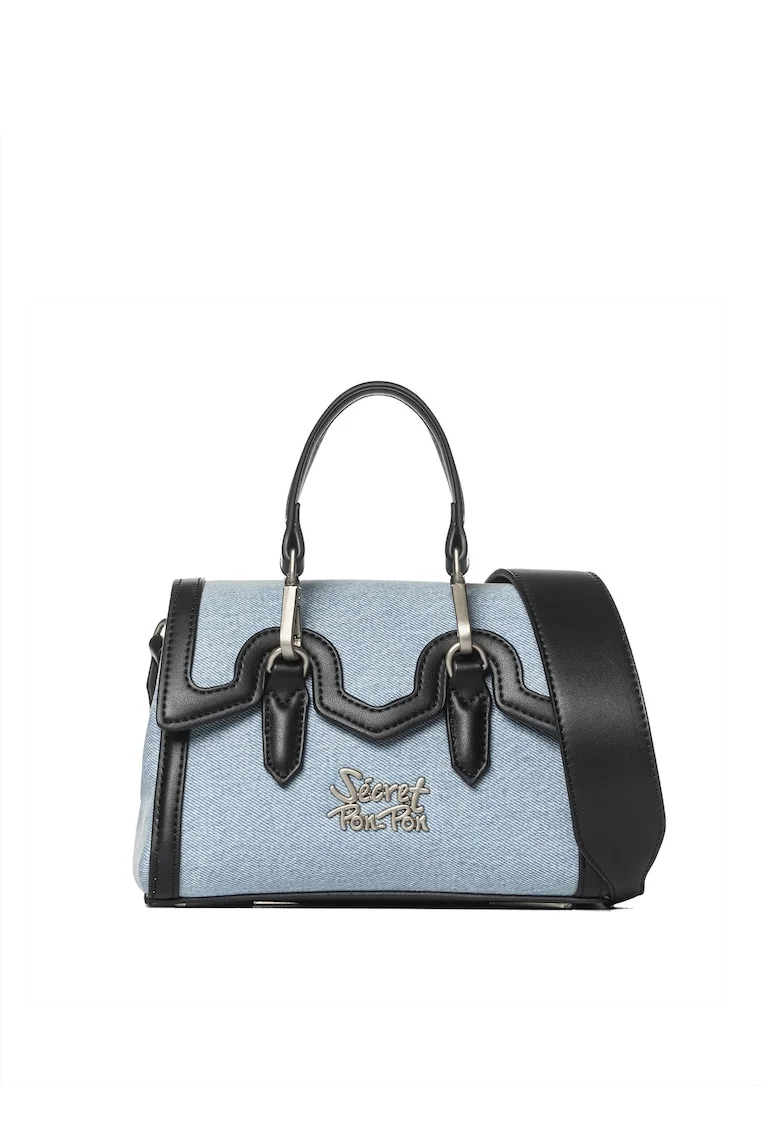 SECRET PON PON., Geanta crossbody din denim cu garnituri din piele ecologica Lisandra Elite, Negru/Bleumarin
