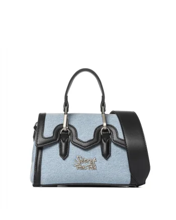 SECRET PON PON., Geanta crossbody din denim cu garnituri din piele ecologica Lisandra Elite, Negru/Bleumarin