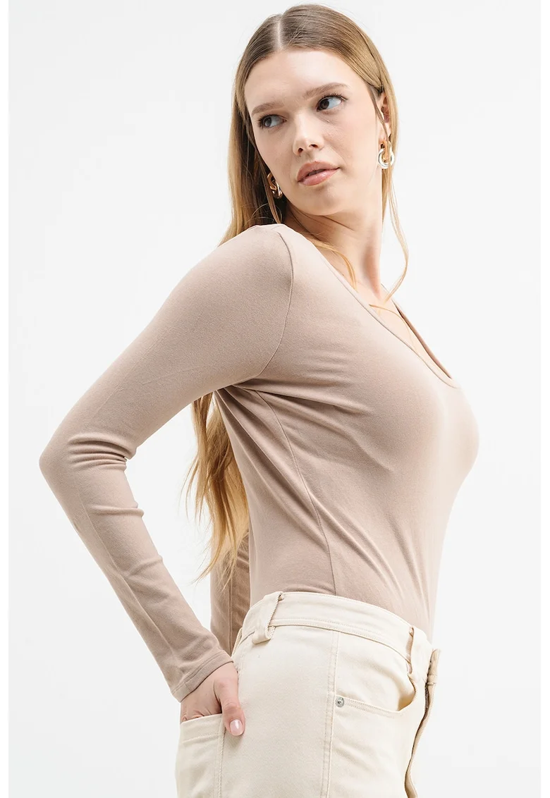 Body slim fit cu maneci lungi, Bej
