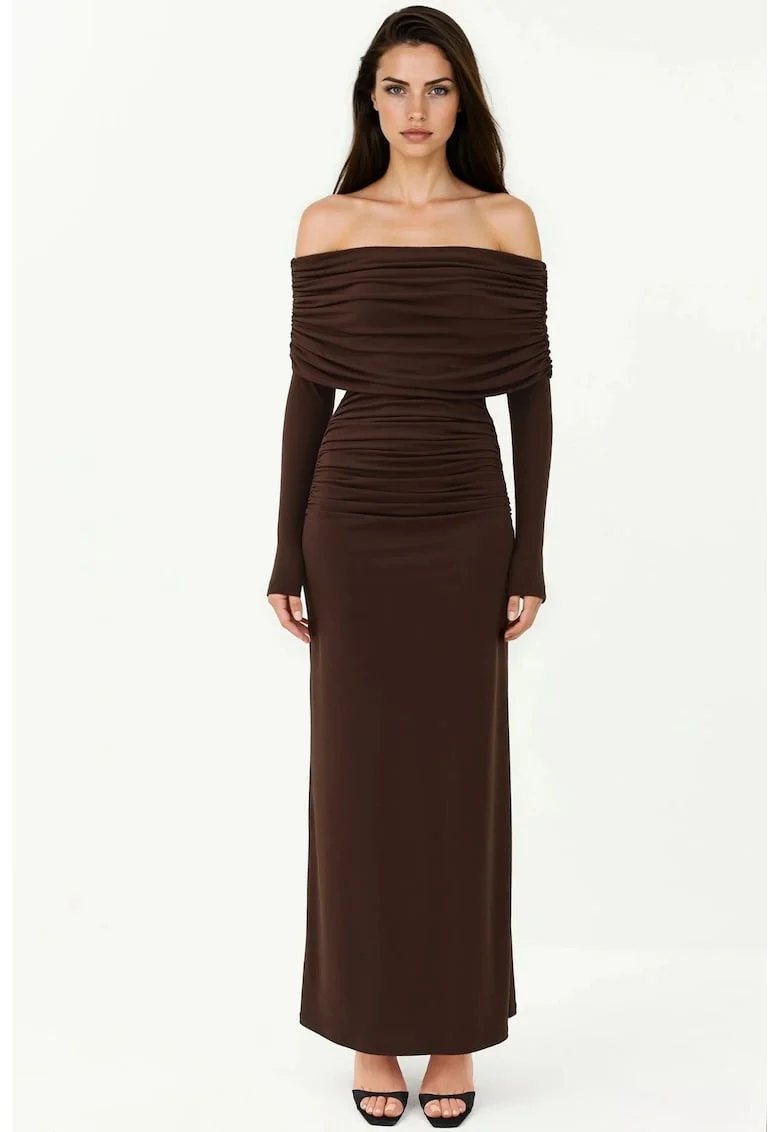 Rochie Maxi Bodycon,  umeri goi, maro scortisoara, jerseu