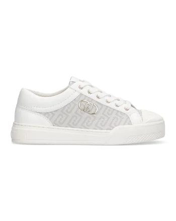 Pantofi sport de piele ecologica cu model monograma, Auriu/Gri deschis/Alb murdar