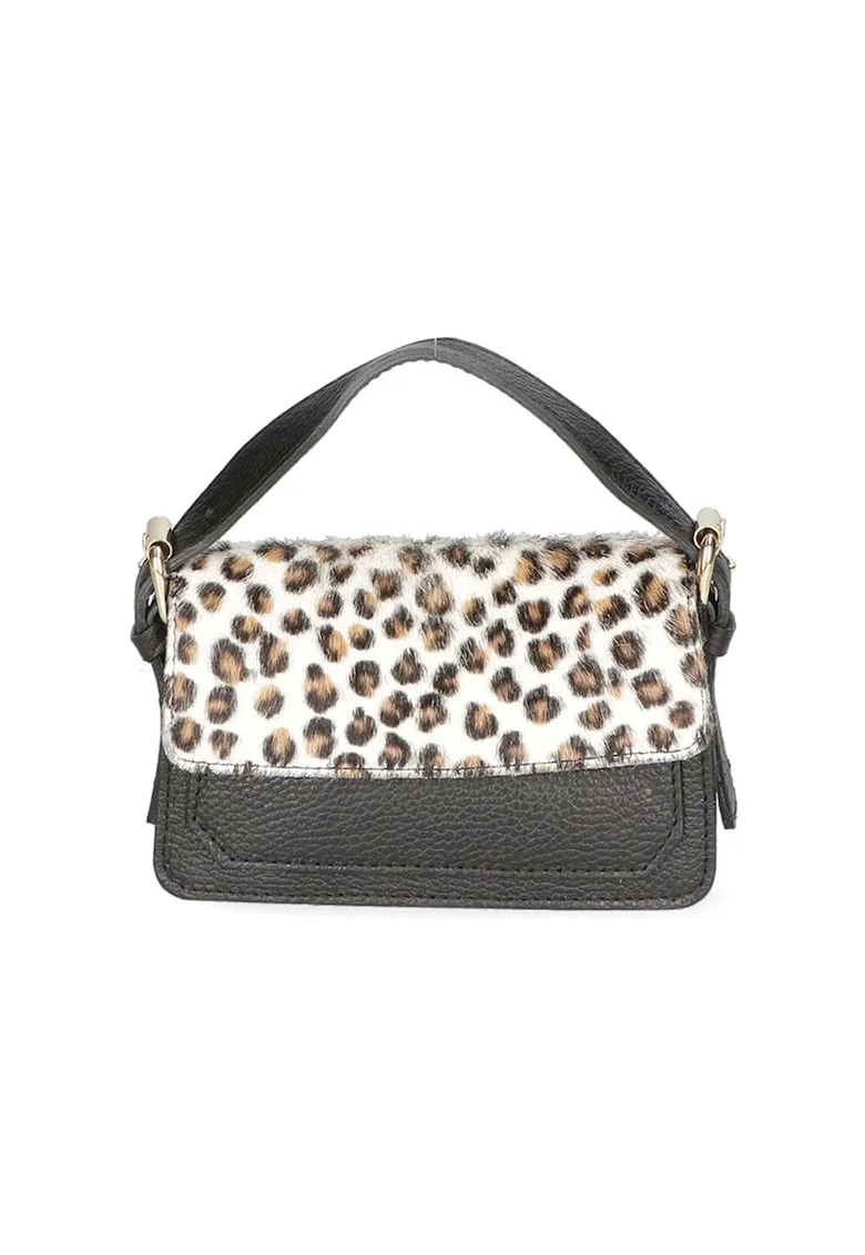 Geanta crossbody de piele si piele cu par scurt, Negru/Maro