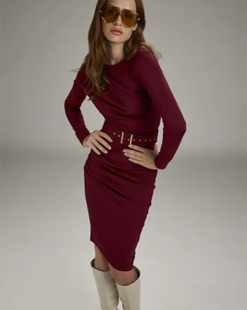 Rochie bodycon din viscoza cu drapaje si curea Slide