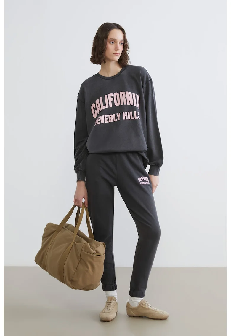 Bluza de trening cu croiala lejera si imprimeu, Roz pal/Gri antracit